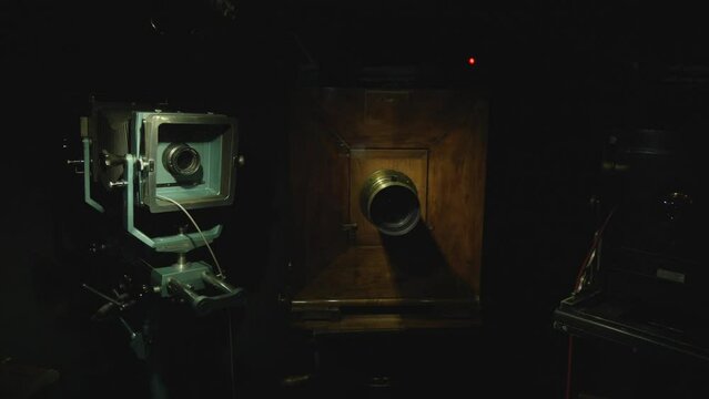 exhibition of old photographic cameras, showcasing the evolution of photography technology over time Inside National Technical Museum in Prague, Czech Republic.