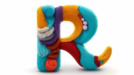 Letter R 3d illustration with wool texture, isolated at white background, generative Ai art