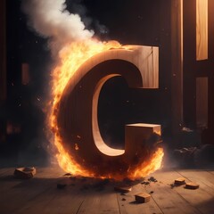 Letter c on fire image isolated at dark background, generative Ai art