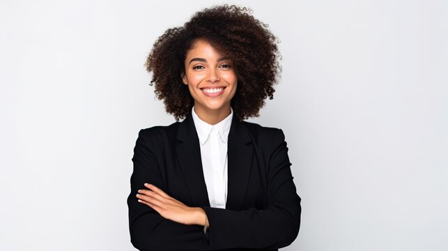 Smiling African American businesswoman with curly hair confidently poses in a studio