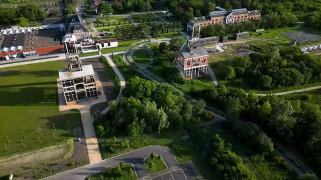 Mining building complex in Belgium, aerial drone view