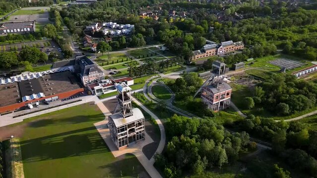 Old mining shaft complex in Genk, Belgium, aerial drone view