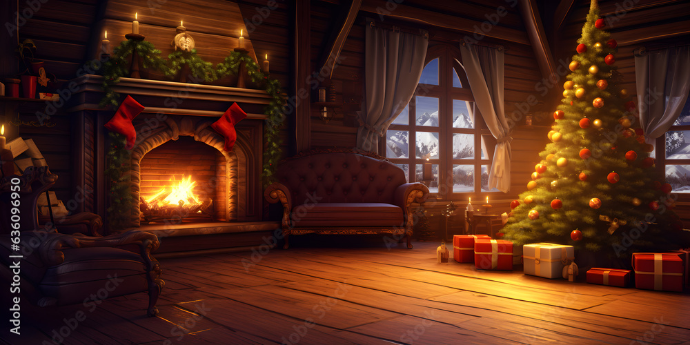 Wall mural interior christmas. magic glowing tree, fireplace and gifts box decoration in wall room, ai generate