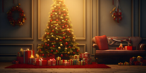 Interior Christmas. magic glowing tree, gifts box decoration in wall room, AI generate