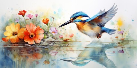 illustration of a kingfisher is jumping happily among the flowers, generative AI