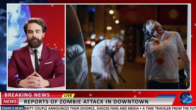 Zombie attack apocalypse news reports. Broadcaster talking about dangerous virus and infected people haunting the city, scary information on international live television program.