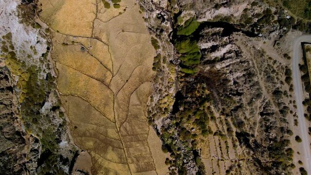 Aerial view in the altiplano, sunny evening, Putre,  Chile - top down, drone shot