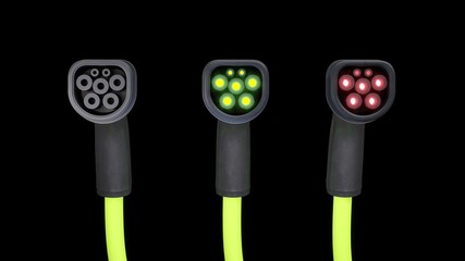 Closeup EV Plugin charger isolate on black background. 3D Rendering.