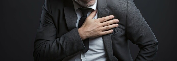 Man holding hands on chest. Heart disease. Feeling sad. Facing struggle. Aching health concerns