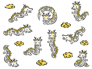 色々なポーズの手書き風の筆調の白龍と金の雲のイラストセット