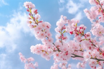 Generative AI : Beautiful Cherry blossom pink sakura flower with bule sky