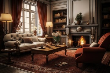 Fototapeta na wymiar a cozy living room with a fire place