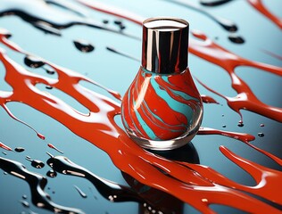 Fototapety  A glass buttle with nail polish. Coral red and teal palette. Close up. For fashion, beauty, manicure illustration. AI generated digital design. 