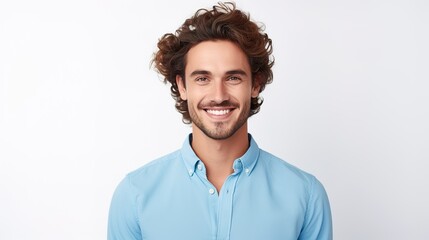 close-up portrait of a handsome man in a casual shirt smiling confidently