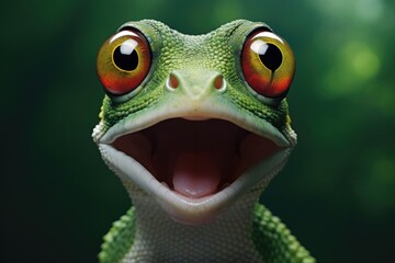 a green gecko covering its eye - obrazy, fototapety, plakaty