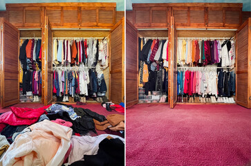 Before and after side by side diptych of a closet from chaos to order