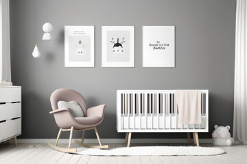 Modern minimalist nursery room with three poster frame mockup, Baby room interior, Lights pink colours, Scandinavian style