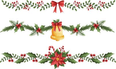 Watercolor illustration set of Christmas wreath and border decoration © Stella