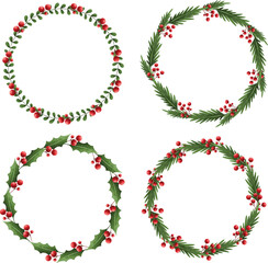 Watercolor illustration set of Christmas wreath and border decoration