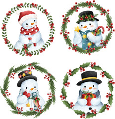 Watercolor illustration set of Christmas wreath with Snowman
