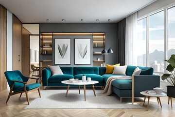 Modern interior design of apartment. Cozy living room with gray sofa, coffee tables, bookshelf and armchairs. Scandinavian home. 3d rendering