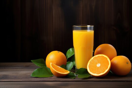 Orange juice in glass on rustic wooden table top, close up view. 