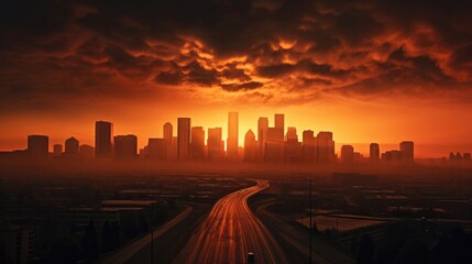 A bustling urban skyline silhouetted against a fiery sunset, skyscrapers reaching for the fading light.
