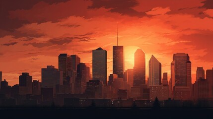A bustling urban skyline silhouetted against a fiery sunset, skyscrapers reaching for the fading light.