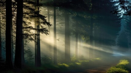 Ethereal swirls of mist weaving between towering pine trees in a mysterious and enchanted forest.