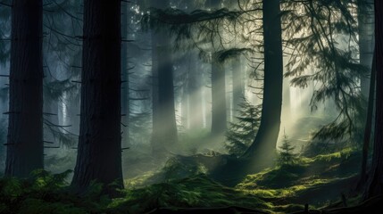 Ethereal swirls of mist weaving between towering pine trees in a mysterious and enchanted forest.