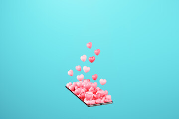 3D render of heart ballon emojis coming out of mobile smartphone