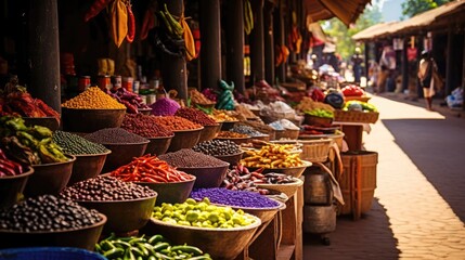 Vibrant market stalls adorned with exotic fruits, textiles and crafts. A feast of colors and textures. - obrazy, fototapety, plakaty