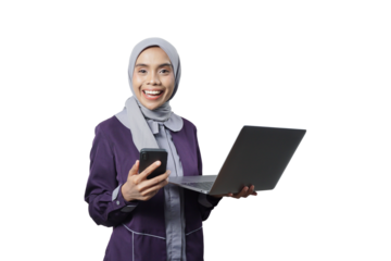 Confident business asian woman isolated in studio shot, Portrait of professional working people holding laptop computer and mobile phone  with copy space.