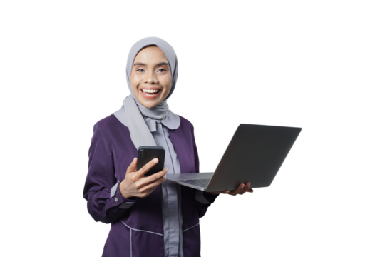 Confident business asian woman isolated in studio shot, Portrait of professional working people holding laptop computer and mobile phone  with copy space.
