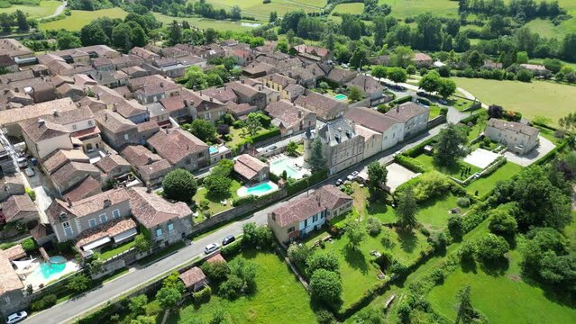 Establishing aerial shot Monpazier  town France drone,aerial