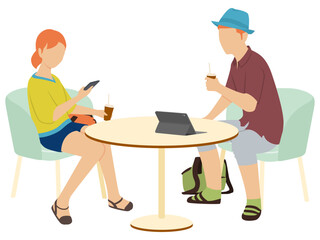 カフェでスマホを使う女性とタブレットを使う男性2