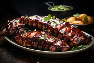 Mouthwatering Plate of BBQ Ribs with a Smoky and Tangy Glaze, Generative AI