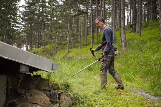 Man mows around the cabin