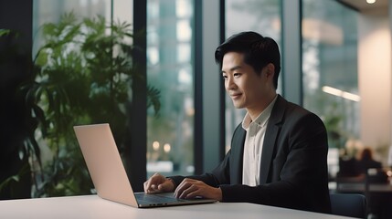 Young asian business man working with laptop computer in modern office.