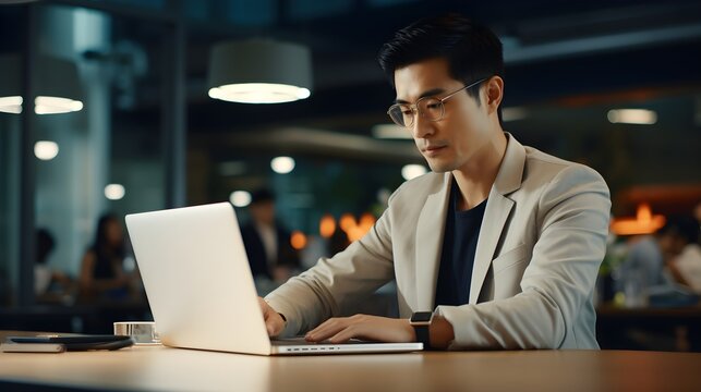 Young asian business man working with laptop computer in modern office.