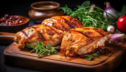Closeup of tasty roast chicken breast served on wooden board. Grilled chicken.  - obrazy, fototapety, plakaty