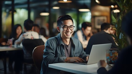 Portrait of a smiling young asian man working on his laptop in a cafe