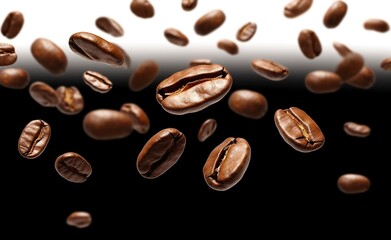 Coffee Bean flying on Black and white background, 3d illustration. 