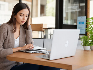 Woman working on laptop in coffee shop 