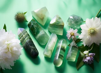 Crystal towers minerals set and white flowers on green abstract background. 
