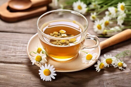 Cup of hot chamomile tea on light wooden background. 