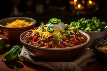 Hearty Bowl of Chili Topped with Cheese, Sour Cream, and Chopped Green Onions, Generative AI