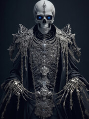 A scary wealthy skeleton covered in luxurious jewelry, glowing eyes - Generative Ai