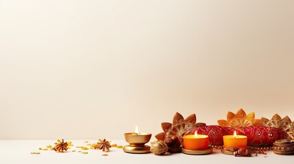 Happy Diwali. Burning diya oil lamps and flowers on a pastel background. Traditional Indian festival of light. Celebration of a religious holiday. Copy Space