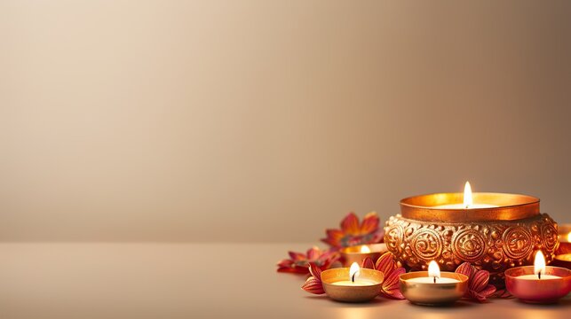Happy Diwali. Burning diya oil lamps and flowers on a pastel background. Traditional Indian festival of light. Celebration of a religious holiday. Copy Space